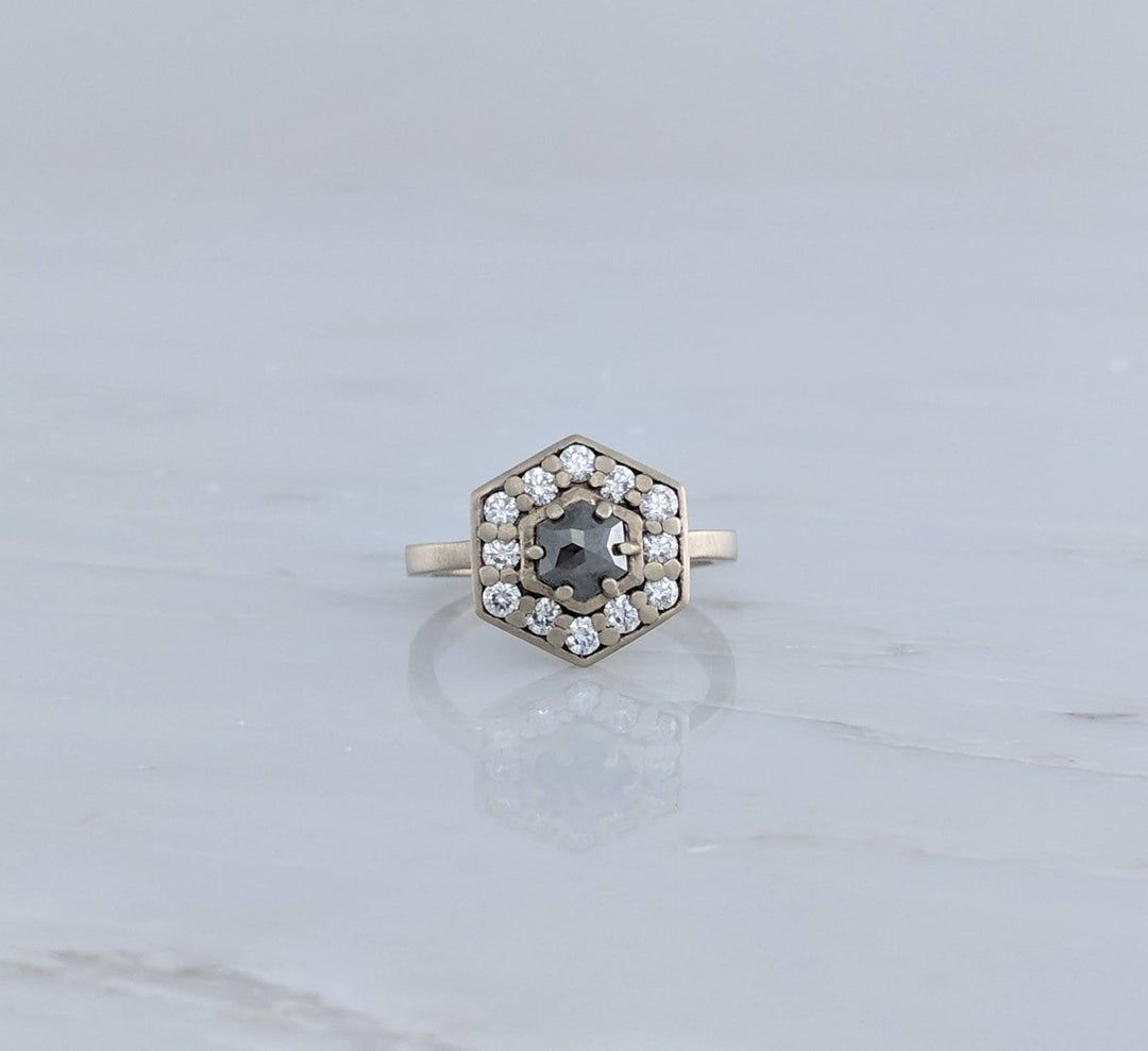 Grey Diamond Hexagon Rose Cut Halo Ring 14K White Gold