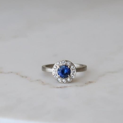 Blue Sapphire Halo Ring | 14K White Gold