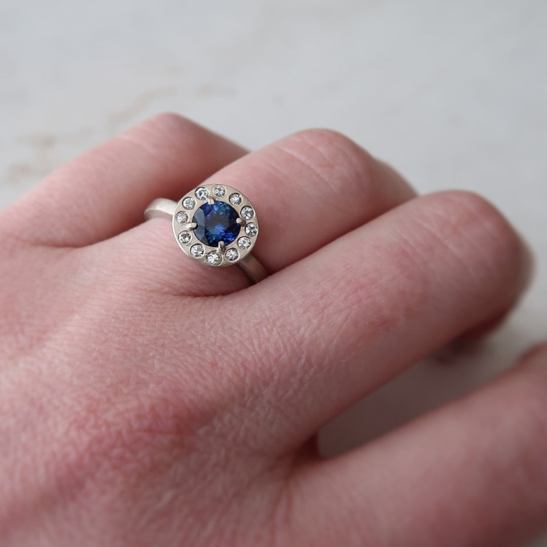 Blue Sapphire Halo Ring | 14K White Gold