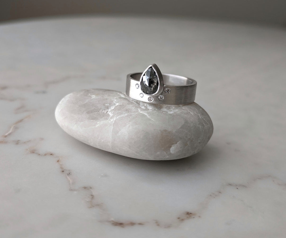 Salt & Pepper Pear Diamond Wide Band Ring | 14K White Gold