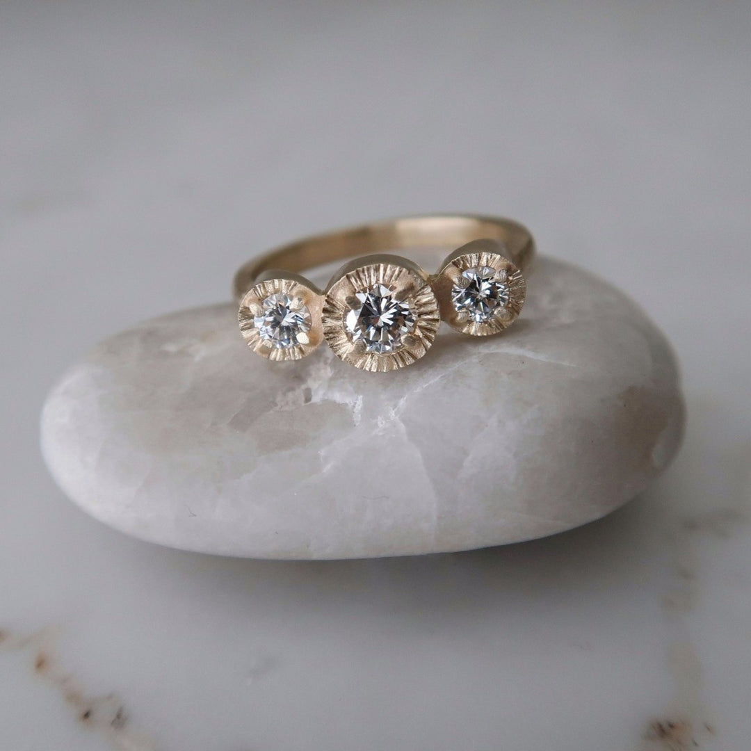 Diamond Three Stone Ring | 14K Yellow Gold