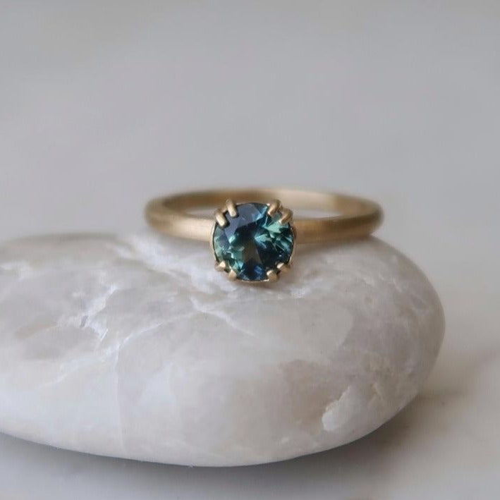 Blue Green Sapphire 8 Prong Ring | 14K Yellow Gold