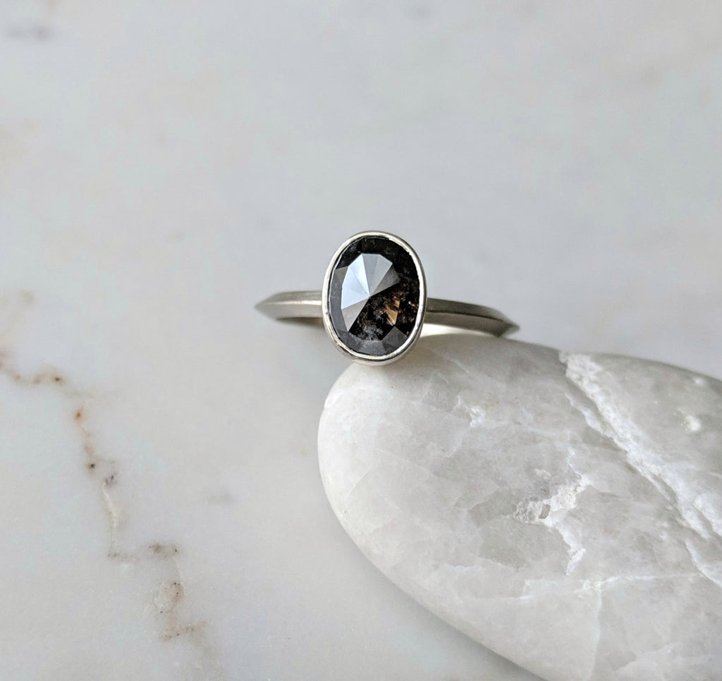 Oval Salt and Pepper Engagement Ring