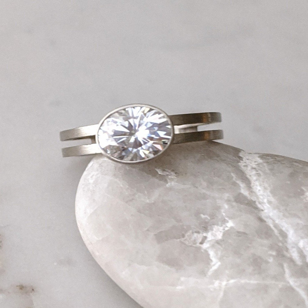 East + West Oval Moissanite Double Band Ring