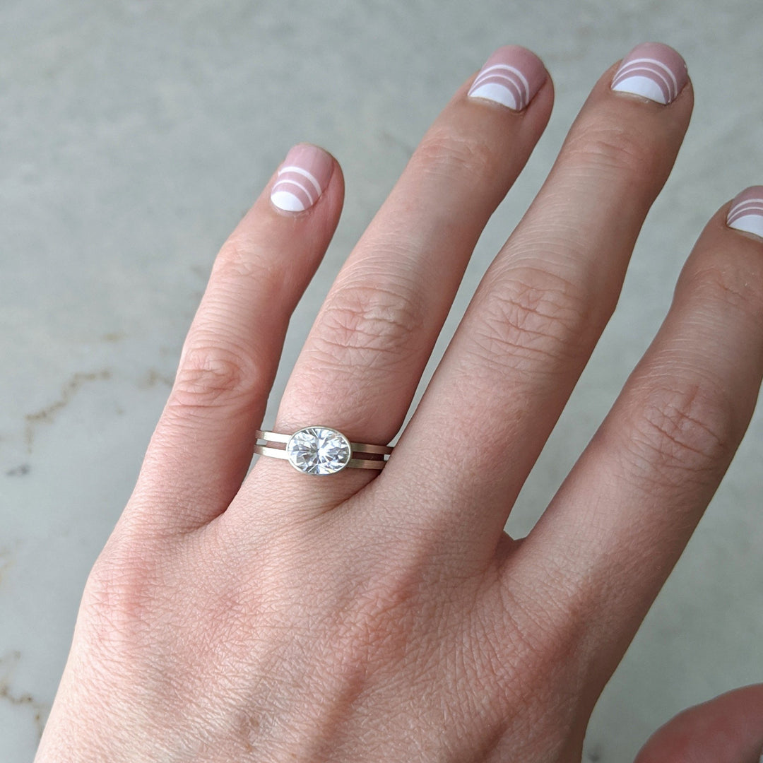 East + West Oval Moissanite Double Band Ring