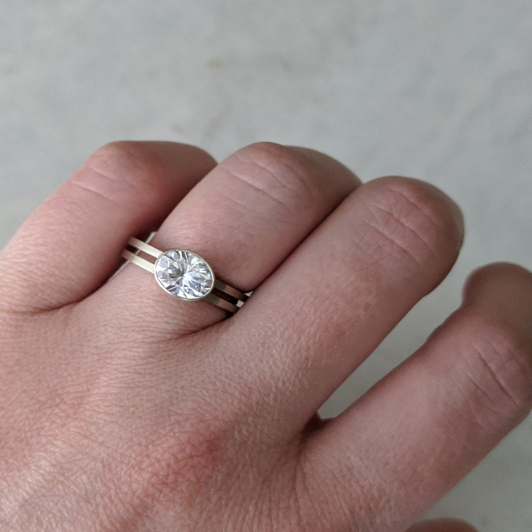 East + West Oval Moissanite Double Band Ring