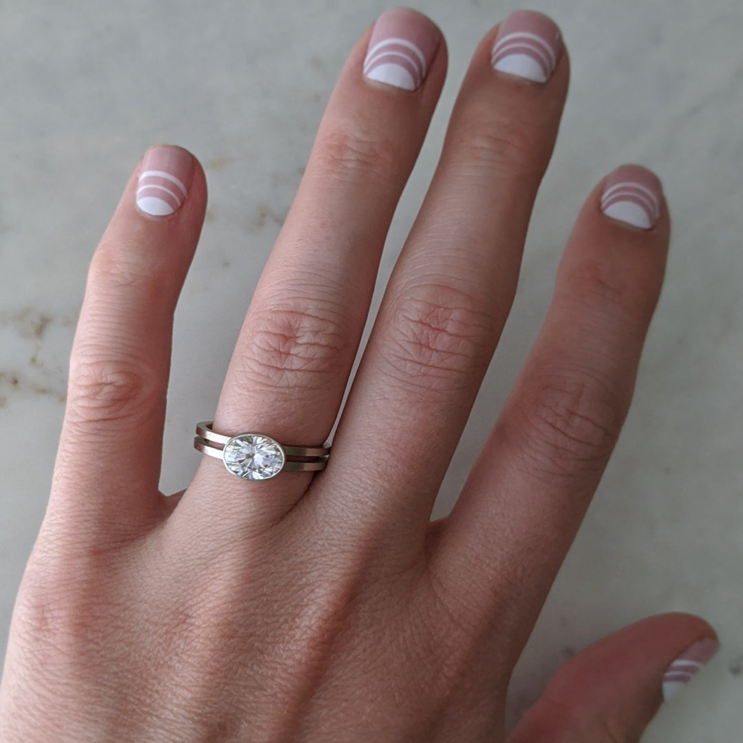 East + West Oval Moissanite Double Band Ring