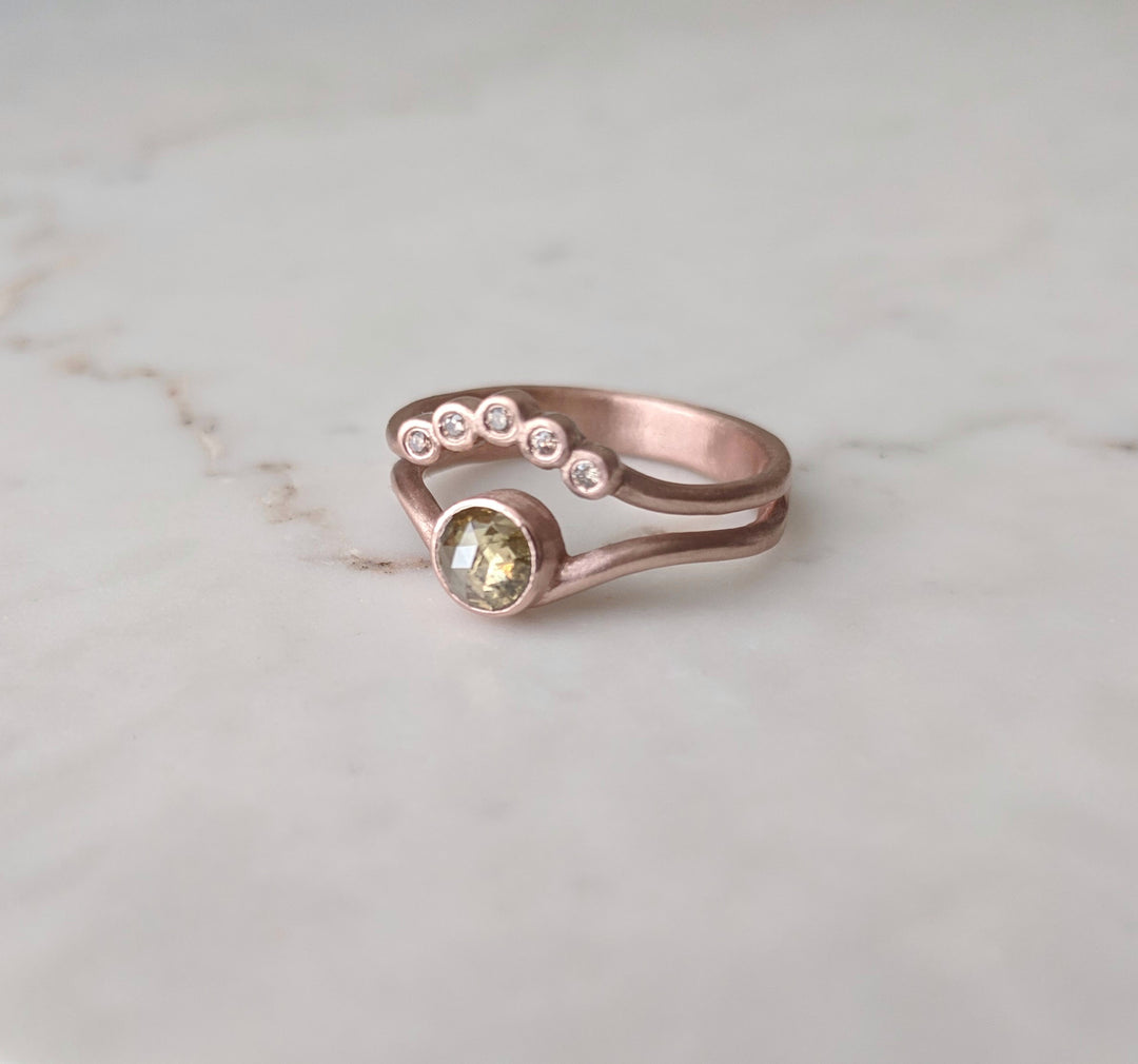 Chartreuse Green Diamond Ring with Floating Accent Band | 14K Rose Gold