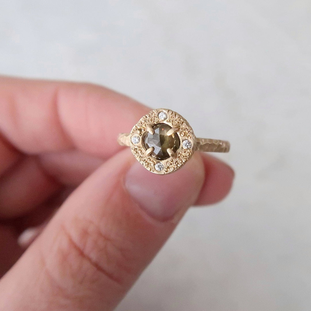 Deep Green Diamond Ring | Textured 14K Gold