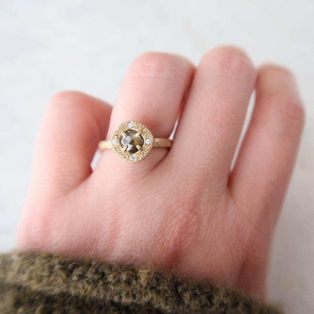 Deep Green Diamond Ring | Textured 14K Gold