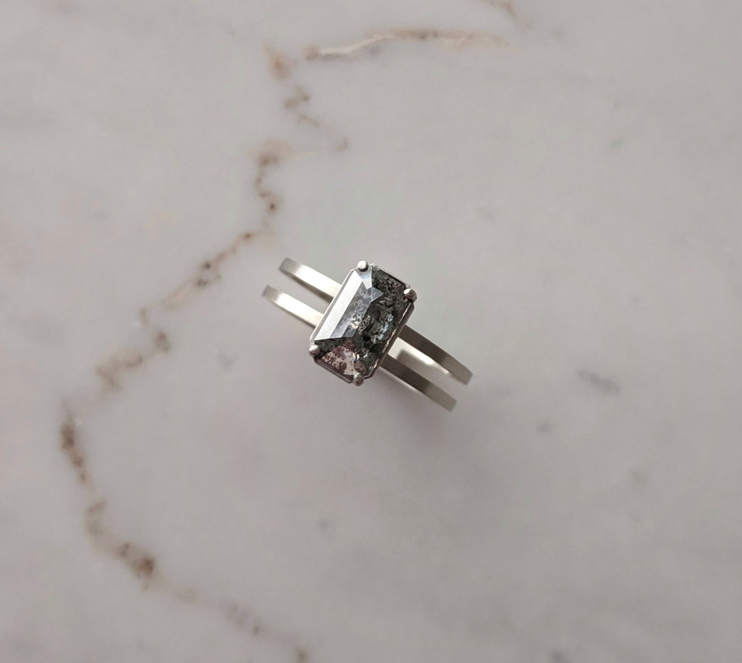 Emerald Cut Salt & Pepper Diamond Ring | 14K White Gold