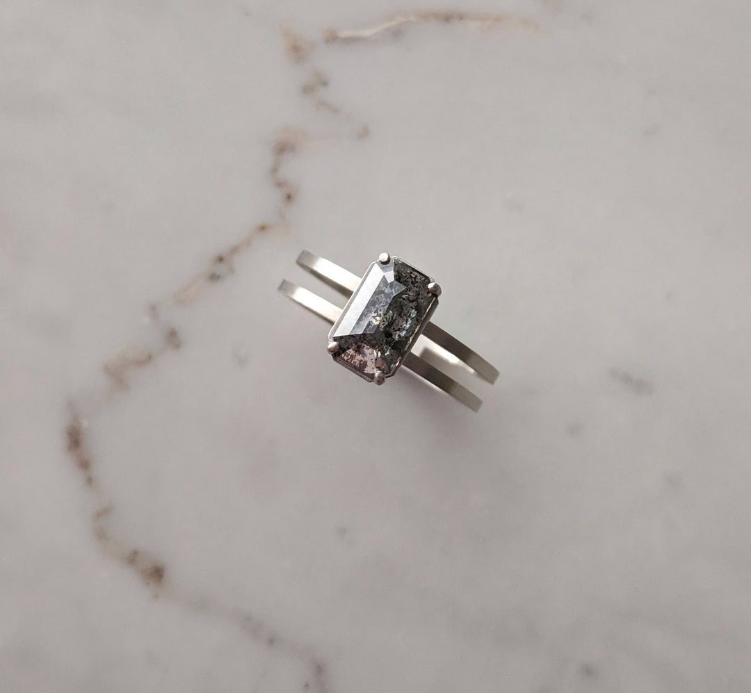 Emerald Cut Salt & Pepper Diamond Ring | 14K White Gold