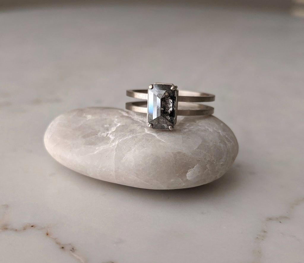 Emerald Cut Salt & Pepper Diamond Ring | 14K White Gold – Doozie Jewelry