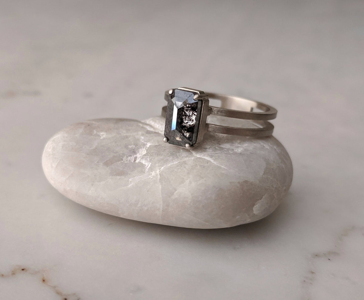 Emerald Cut Salt & Pepper Diamond Ring | 14K White Gold – Doozie Jewelry
