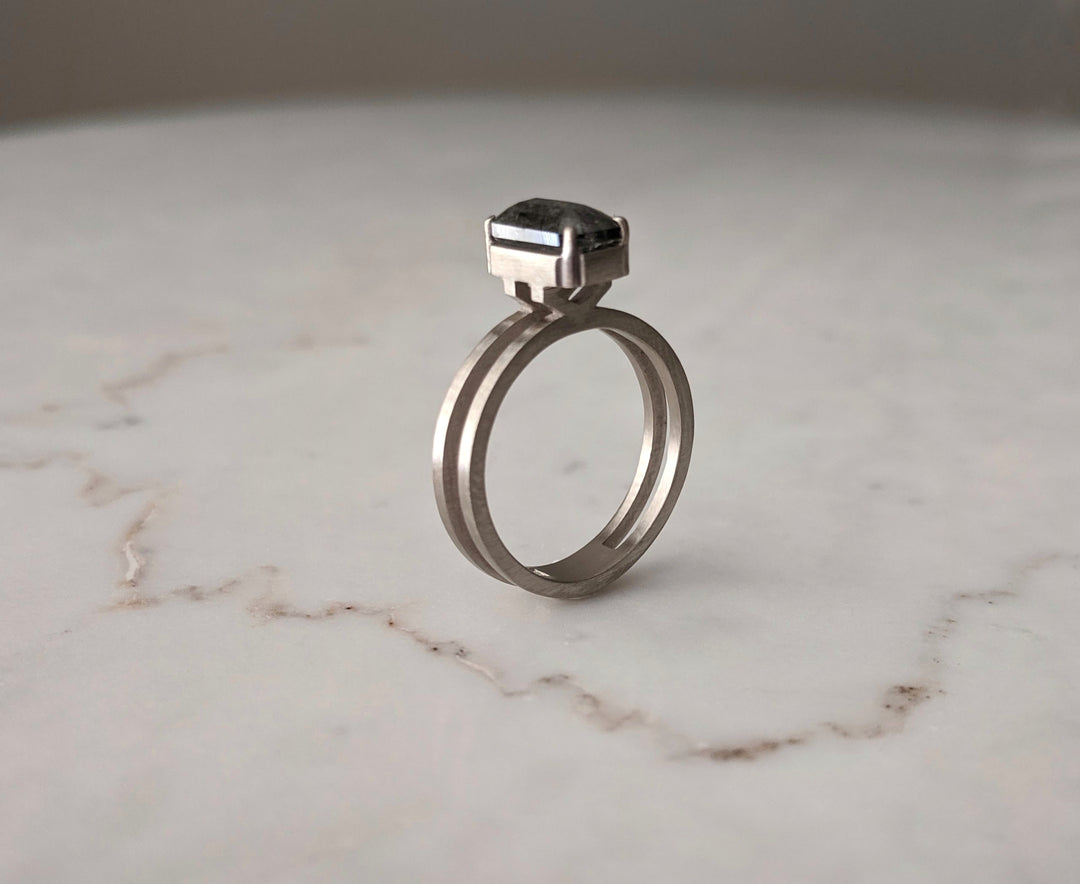 Emerald Cut Salt & Pepper Diamond Ring | 14K White Gold