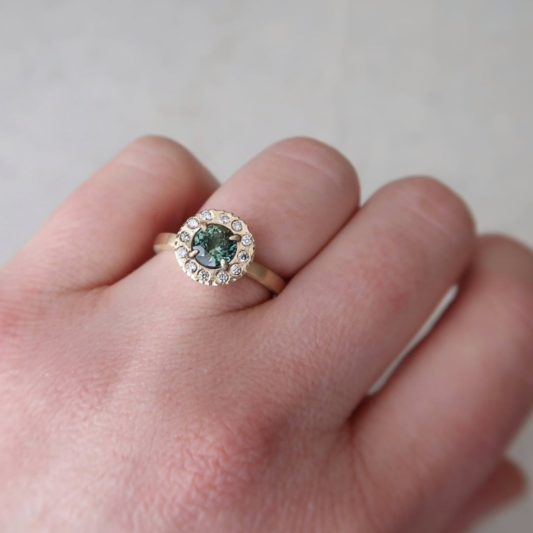 Teal Sapphire Halo Ring | 14K Yellow Gold