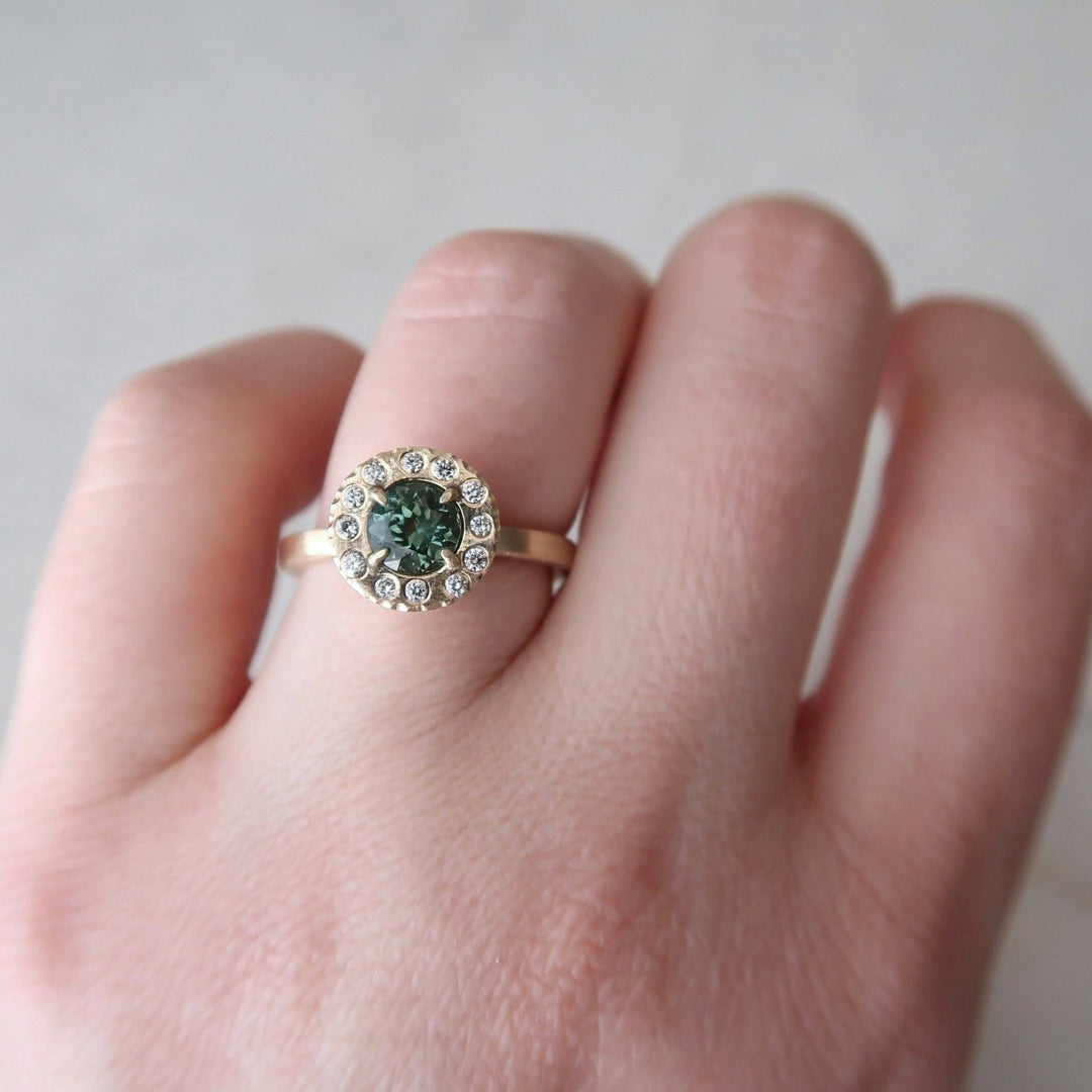 Teal Sapphire Halo Ring | 14K Yellow Gold