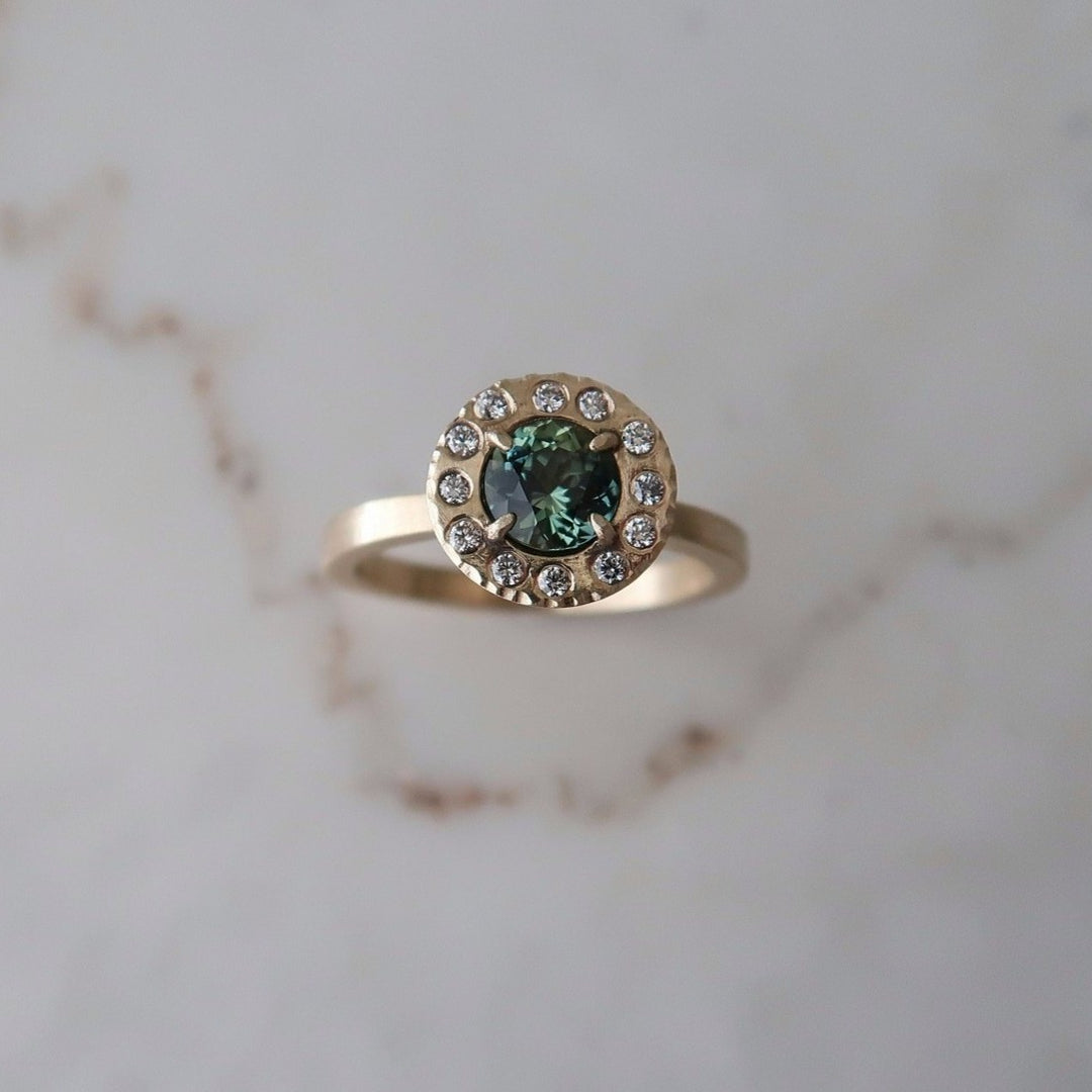 Teal Sapphire Halo Ring | 14K Yellow Gold