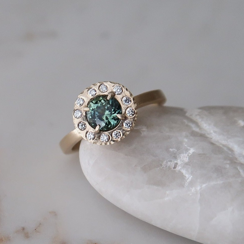 Teal Sapphire Halo Ring | 14K Yellow Gold