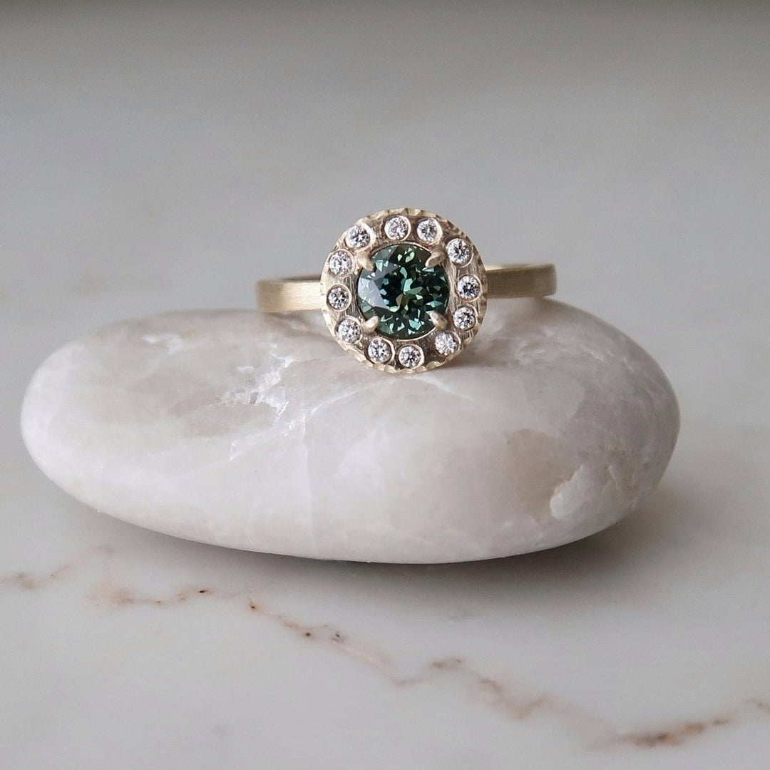 Teal Sapphire Halo Ring | 14K Yellow Gold