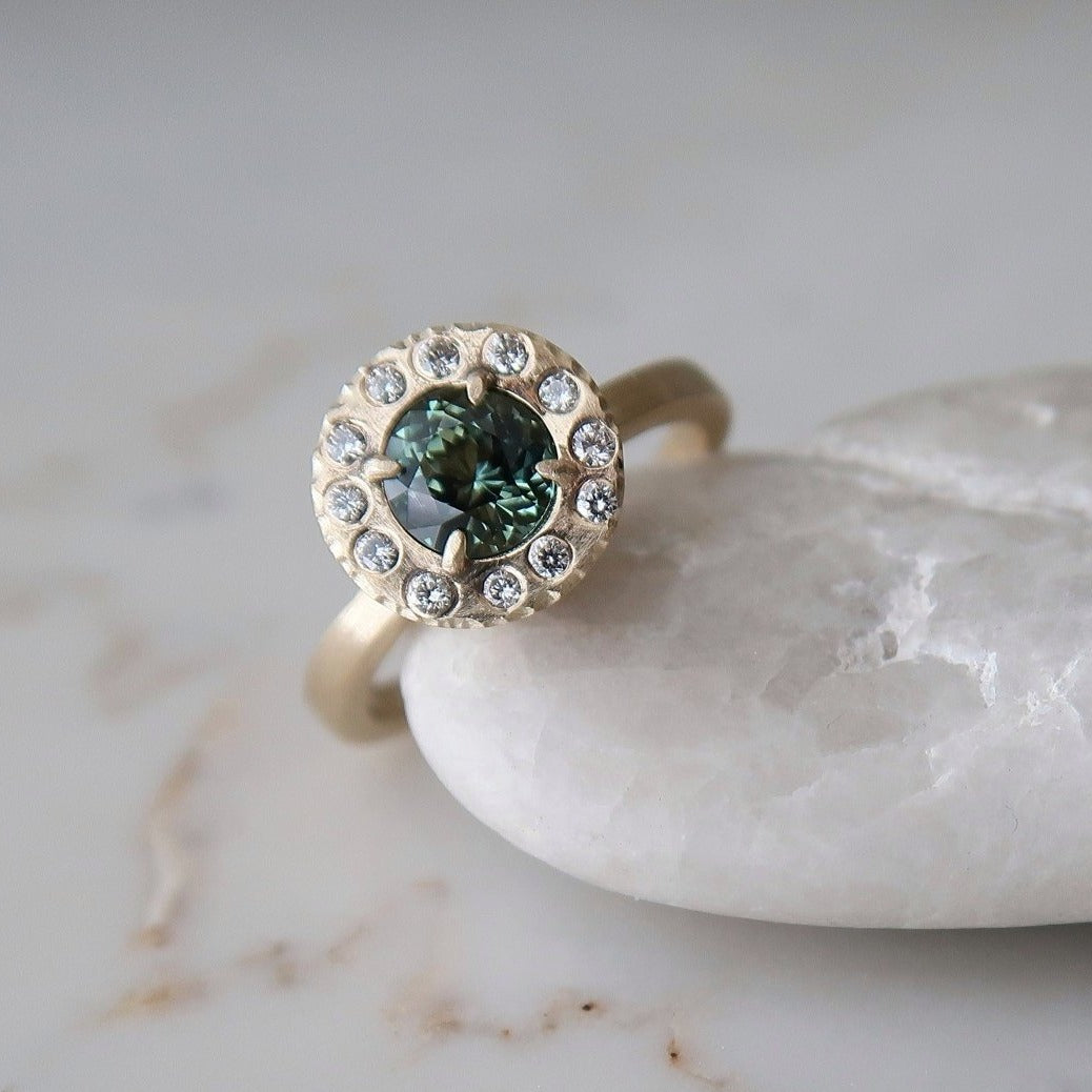 Teal Sapphire Halo Ring | 14K Yellow Gold