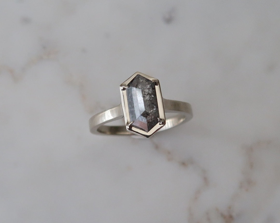 Salt and Pepper Diamond Hexagon Ring | 14K White Gold