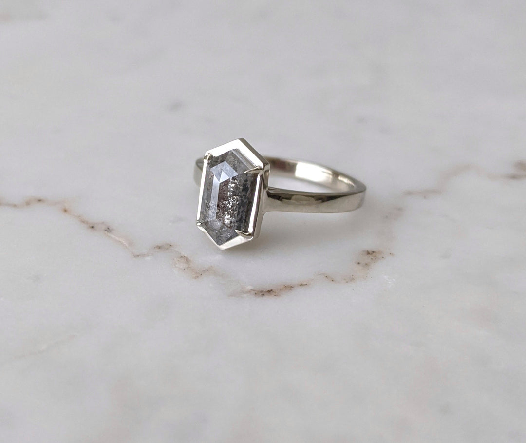 Salt and Pepper Diamond Hexagon Ring | 14K White Gold