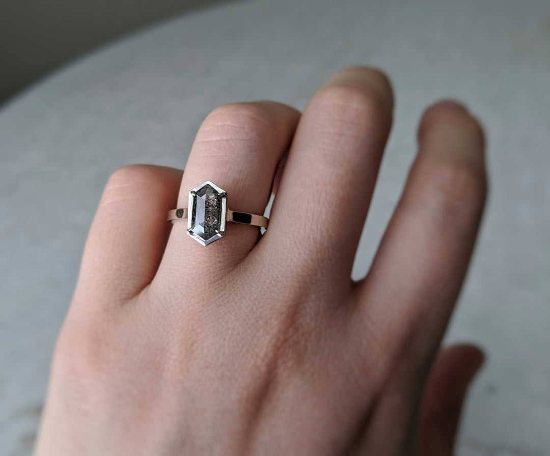 Salt and Pepper Diamond Hexagon Ring | 14K White Gold