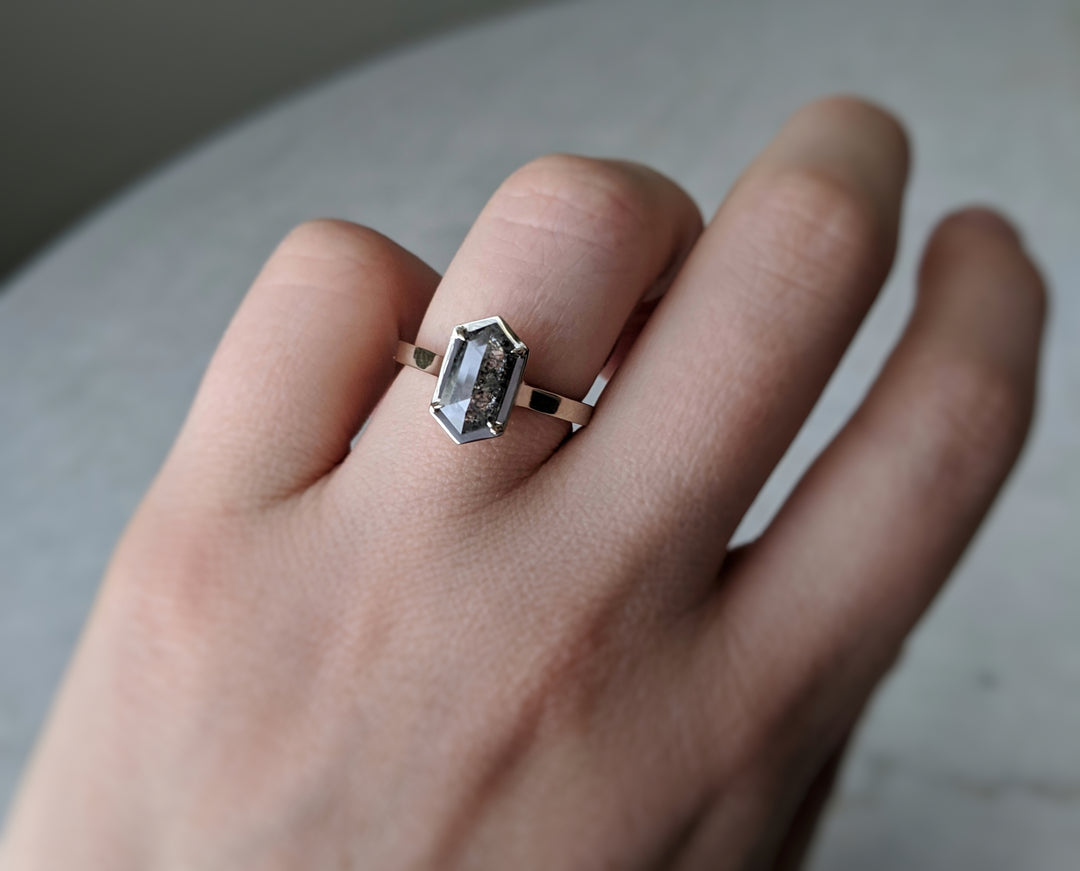 Salt and Pepper Diamond Hexagon Ring | 14K White Gold