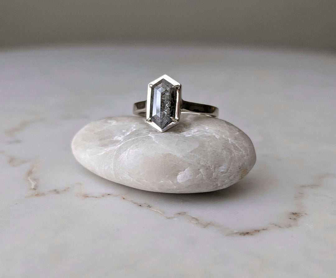 Salt and Pepper Diamond Hexagon Ring | 14K White Gold