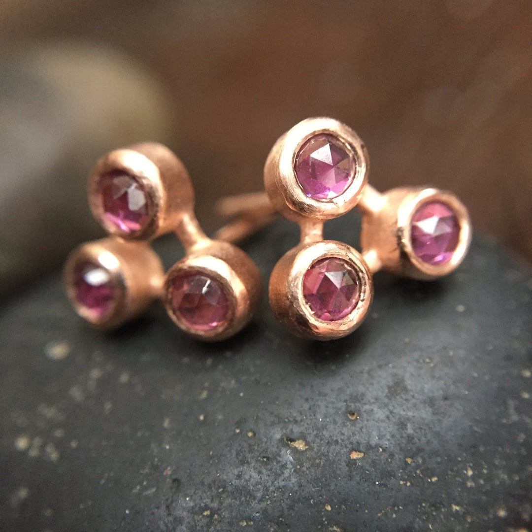 Trinity Rose Cut Garnet Stud Earrings in 14K Rose Gold Boho Stud Earrings Fine Jewelry Rose Cut Earrings Pink Gold Bezel Stud Earrings