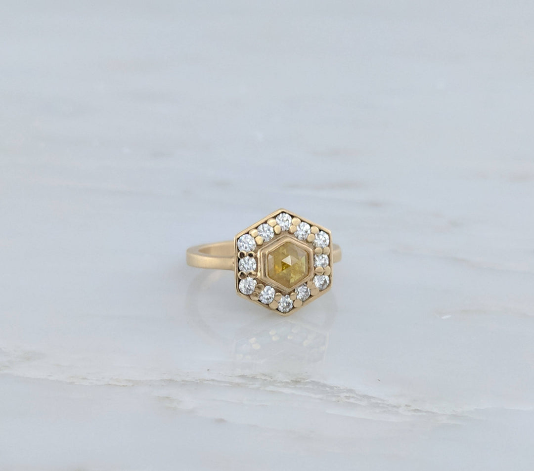 Hexagon Diamond Halo Ring in 14K Yellow Gold