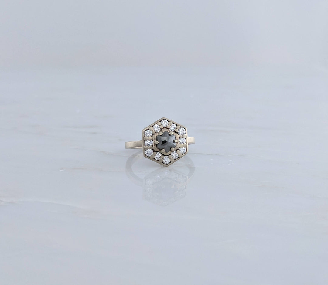 Grey Diamond Hexagon Rose Cut Halo Ring 14K White Gold