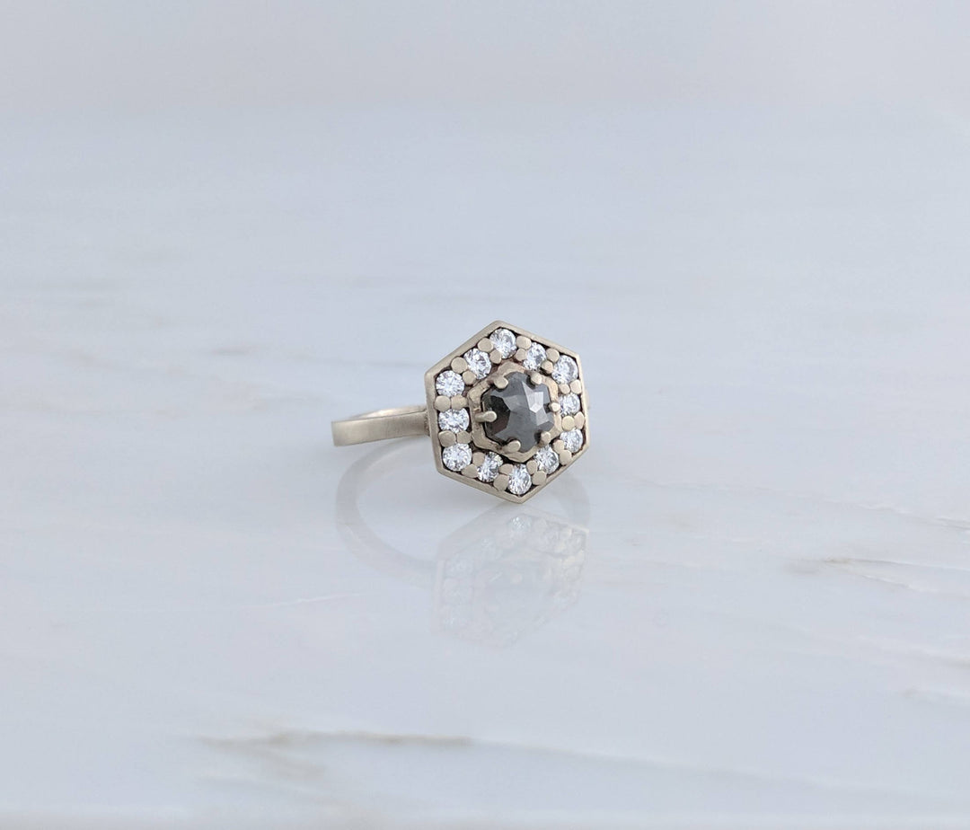 Grey Diamond Hexagon Rose Cut Halo Ring 14K White Gold