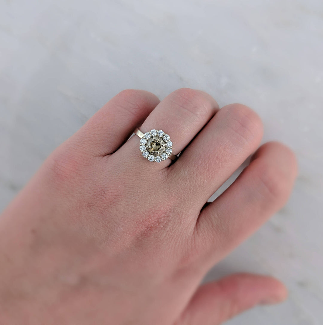 Champagne Diamond Halo Ring | 14K White Gold