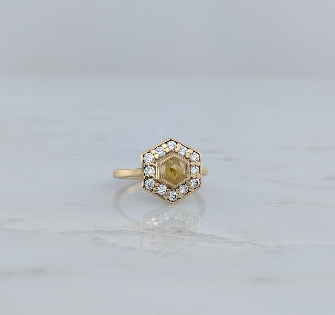 Hexagon Diamond Halo Ring in 14K Yellow Gold