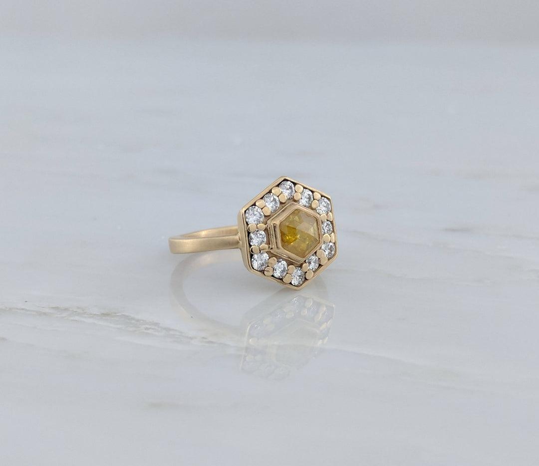 Hexagon Diamond Halo Ring in 14K Yellow Gold