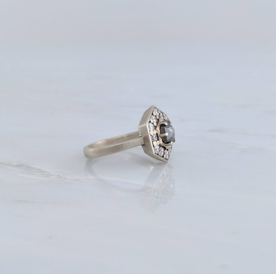 Grey Diamond Hexagon Rose Cut Halo Ring 14K White Gold