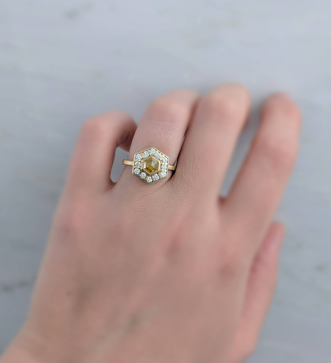 Hexagon Diamond Halo Ring in 14K Yellow Gold