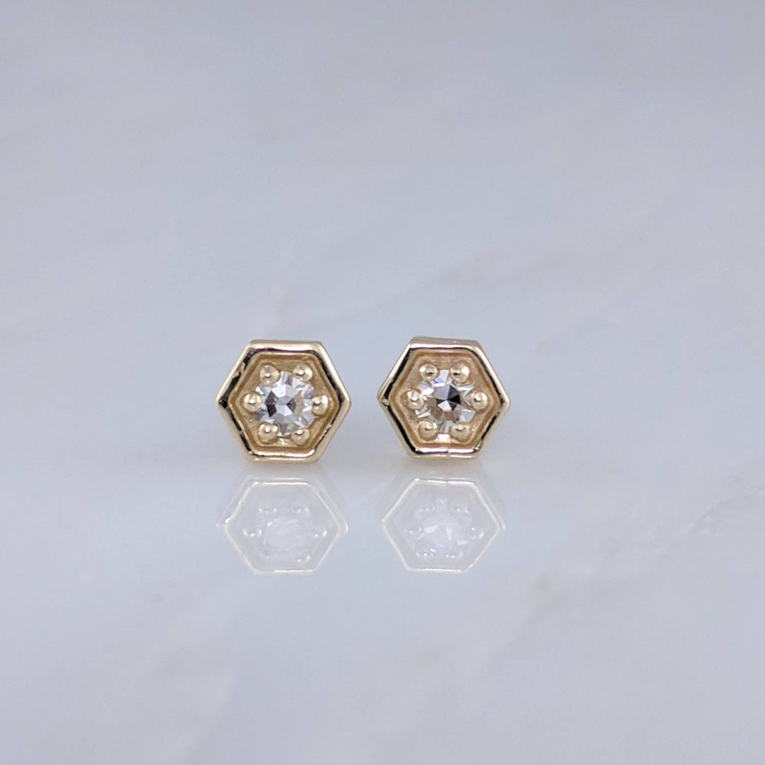 Tiny Diamond Hexagon Stud Earrings in 14K Yellow Gold