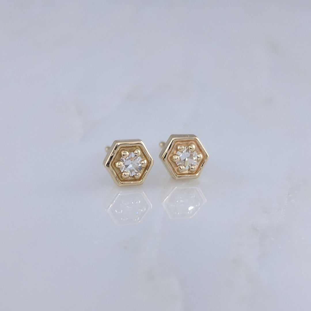 Tiny Diamond Hexagon Stud Earrings in 14K Yellow Gold