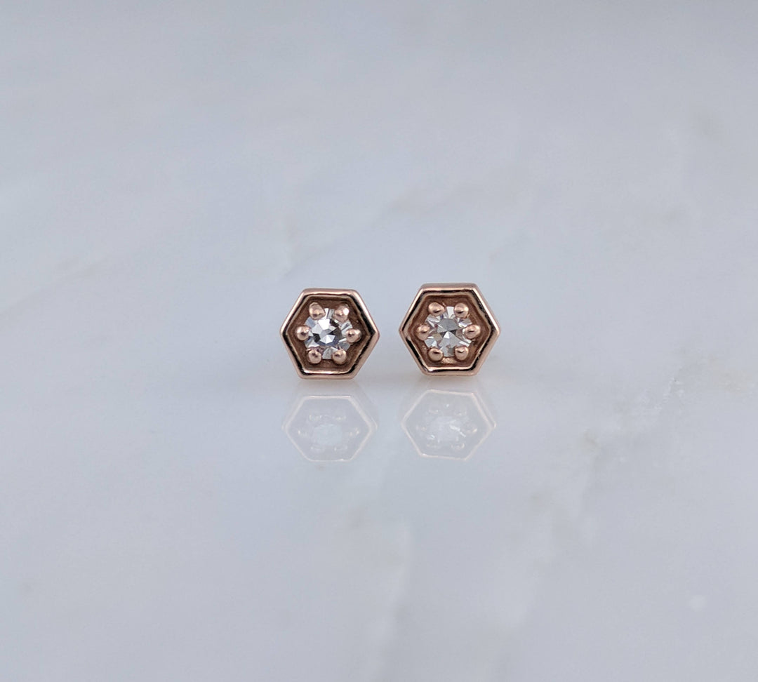 Tiny Diamond Hexagon Stud Earrings in 14K Rose Gold