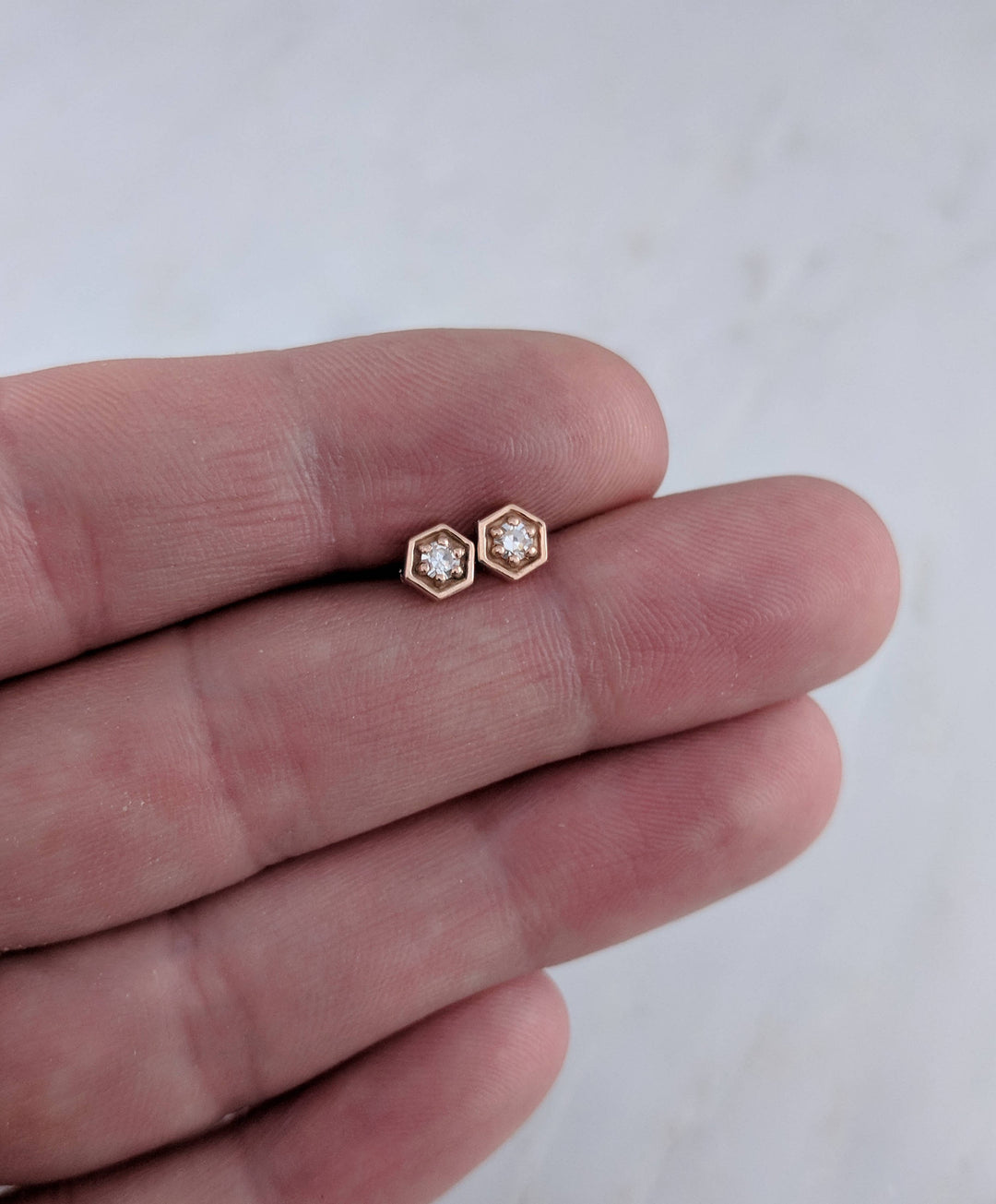 Tiny Diamond Hexagon Stud Earrings in 14K Rose Gold