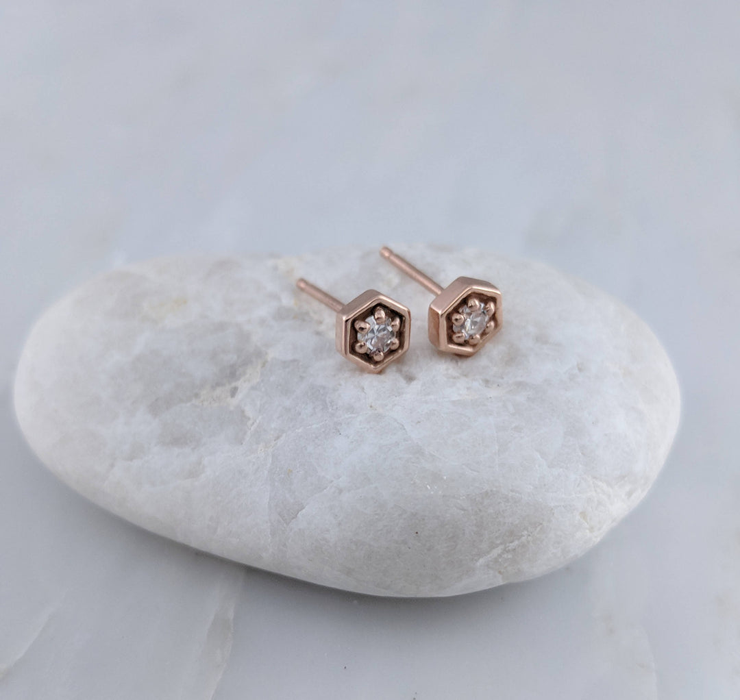 Tiny Diamond Hexagon Stud Earrings in 14K Rose Gold