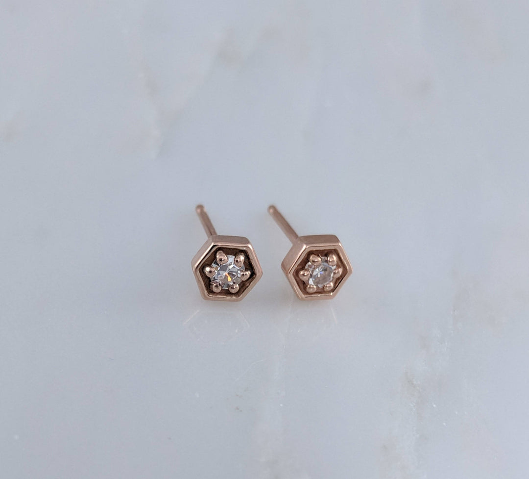 Tiny Diamond Hexagon Stud Earrings in 14K Rose Gold