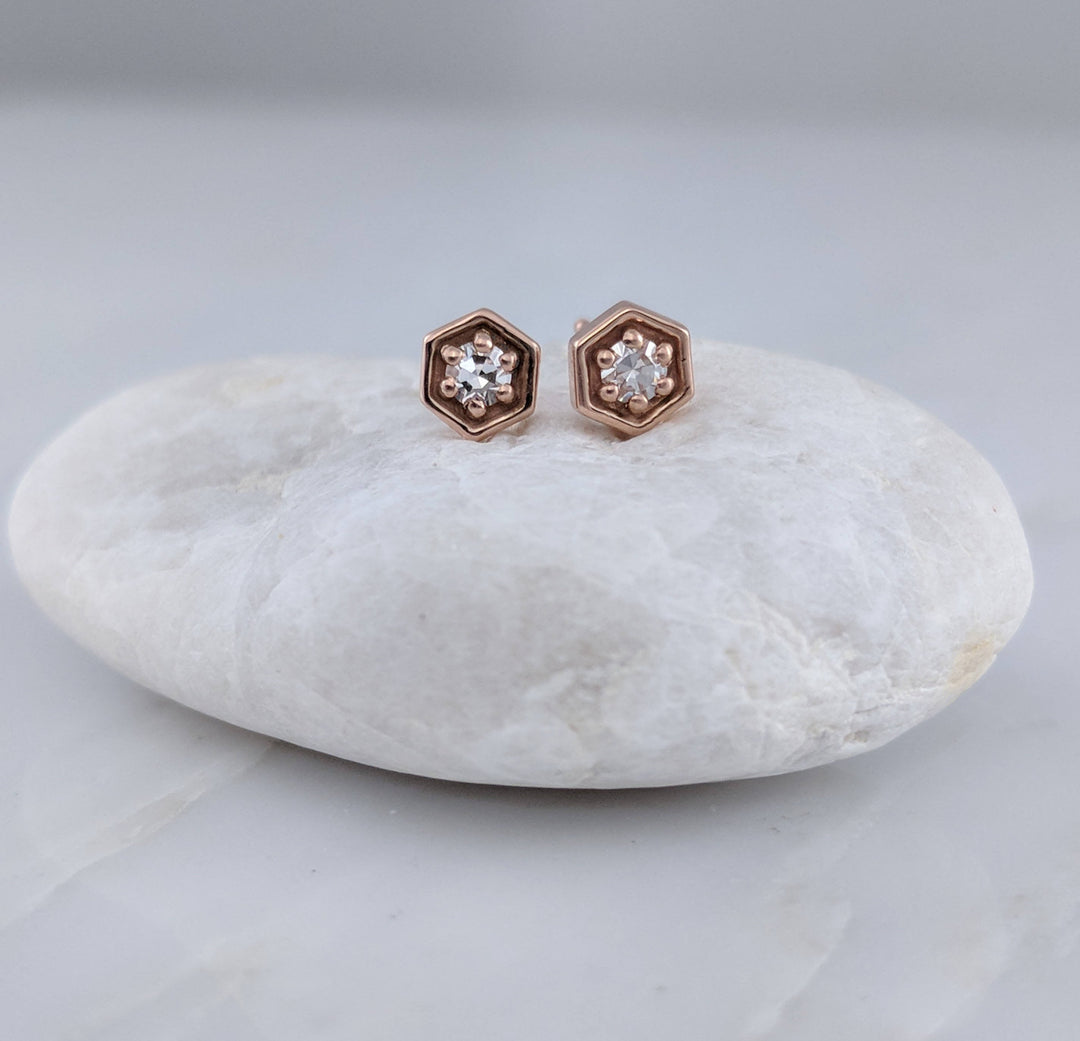 Tiny Diamond Hexagon Stud Earrings in 14K Rose Gold