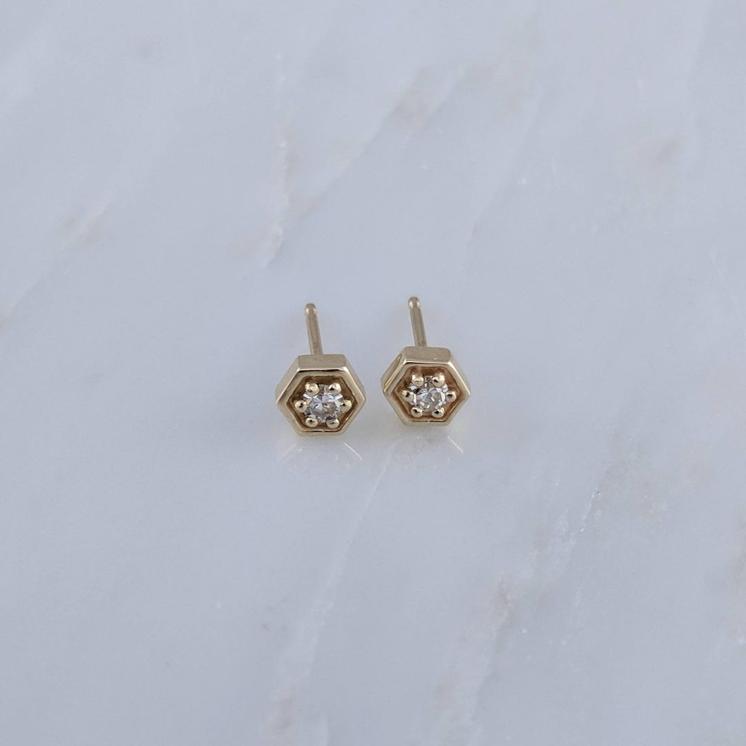 Tiny Diamond Hexagon Stud Earrings in 14K Yellow Gold