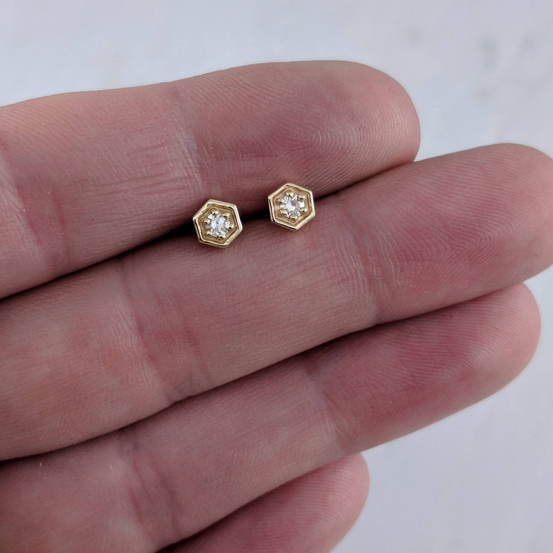 Tiny Diamond Hexagon Stud Earrings in 14K Yellow Gold