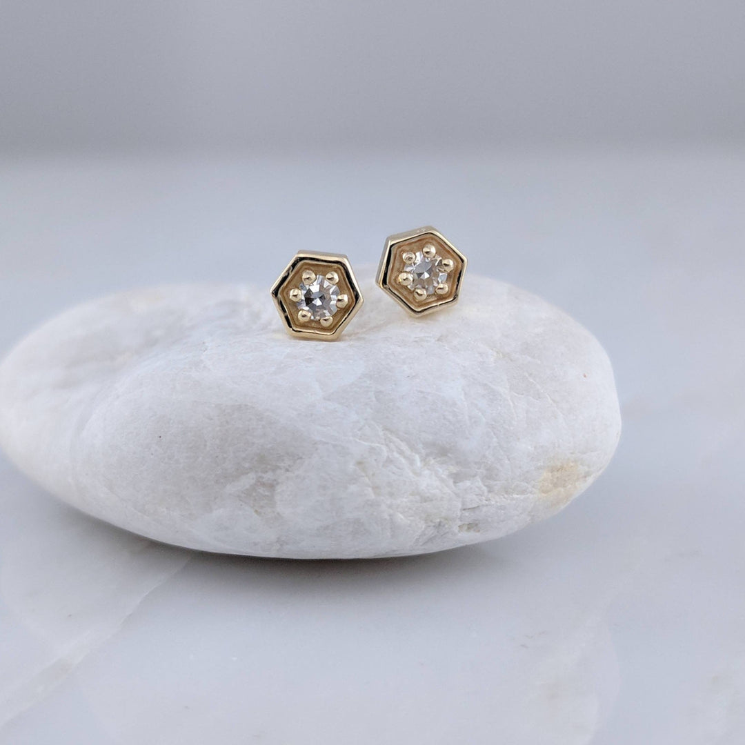 Tiny Diamond Hexagon Stud Earrings in 14K Yellow Gold