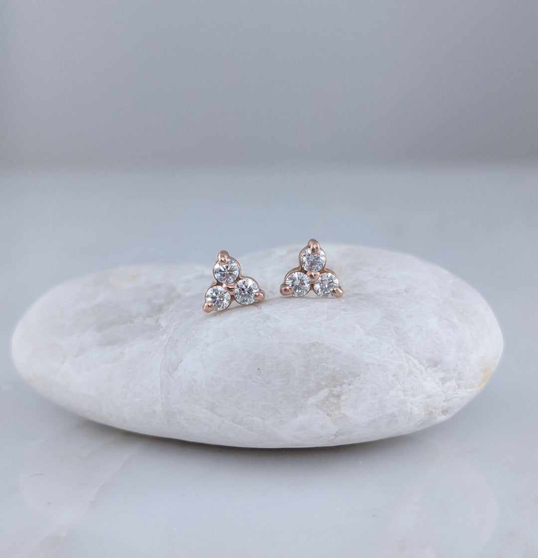 Tiny Diamond Trio Stud Earrings in 14K Rose Gold